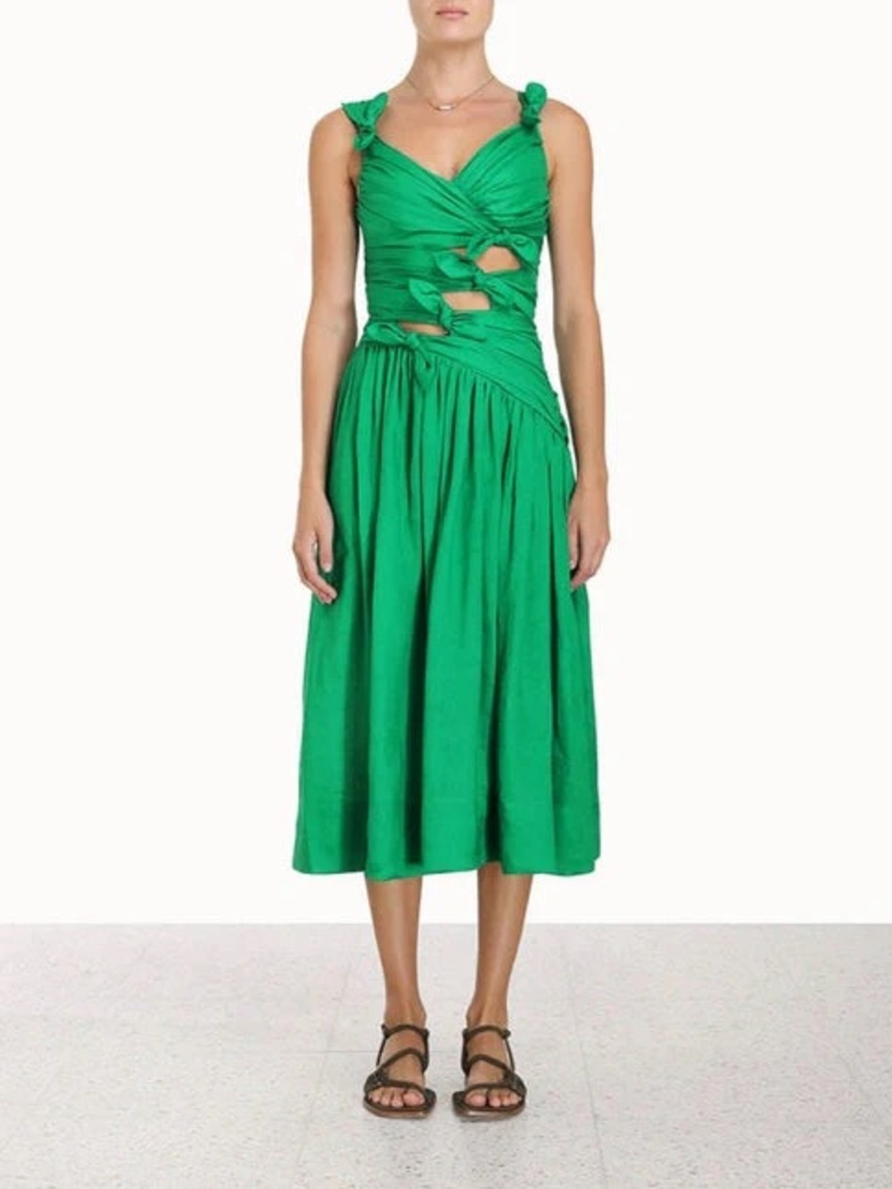 NWT ZIMMERMANN tiggy linen Green Knot-Front bow Cutout Dress. AU0